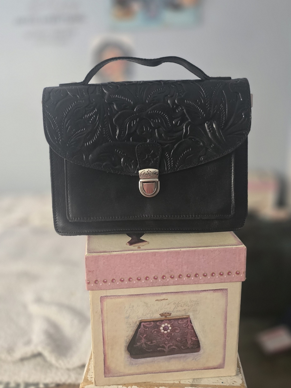 Patricia Nash Black Tooled Leather Crossbody Satchel